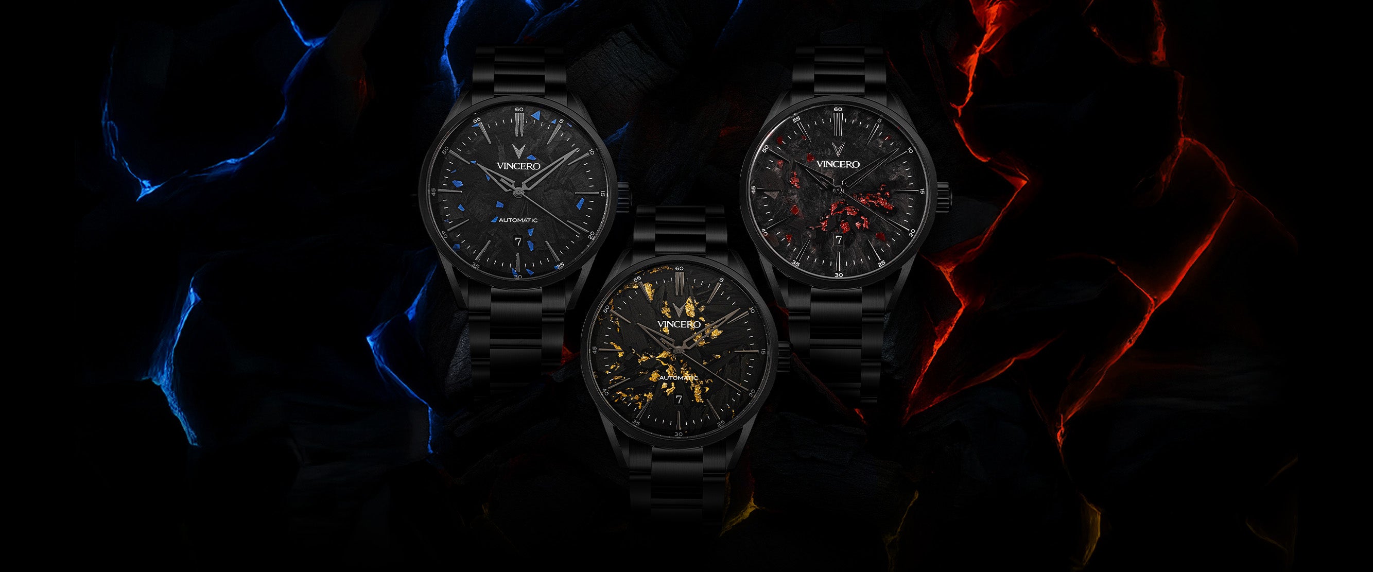 Four black watches with different face designs on a dark background