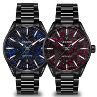 Two black wrist watches with marbled face designs on a white background, branded 'Vincero'.