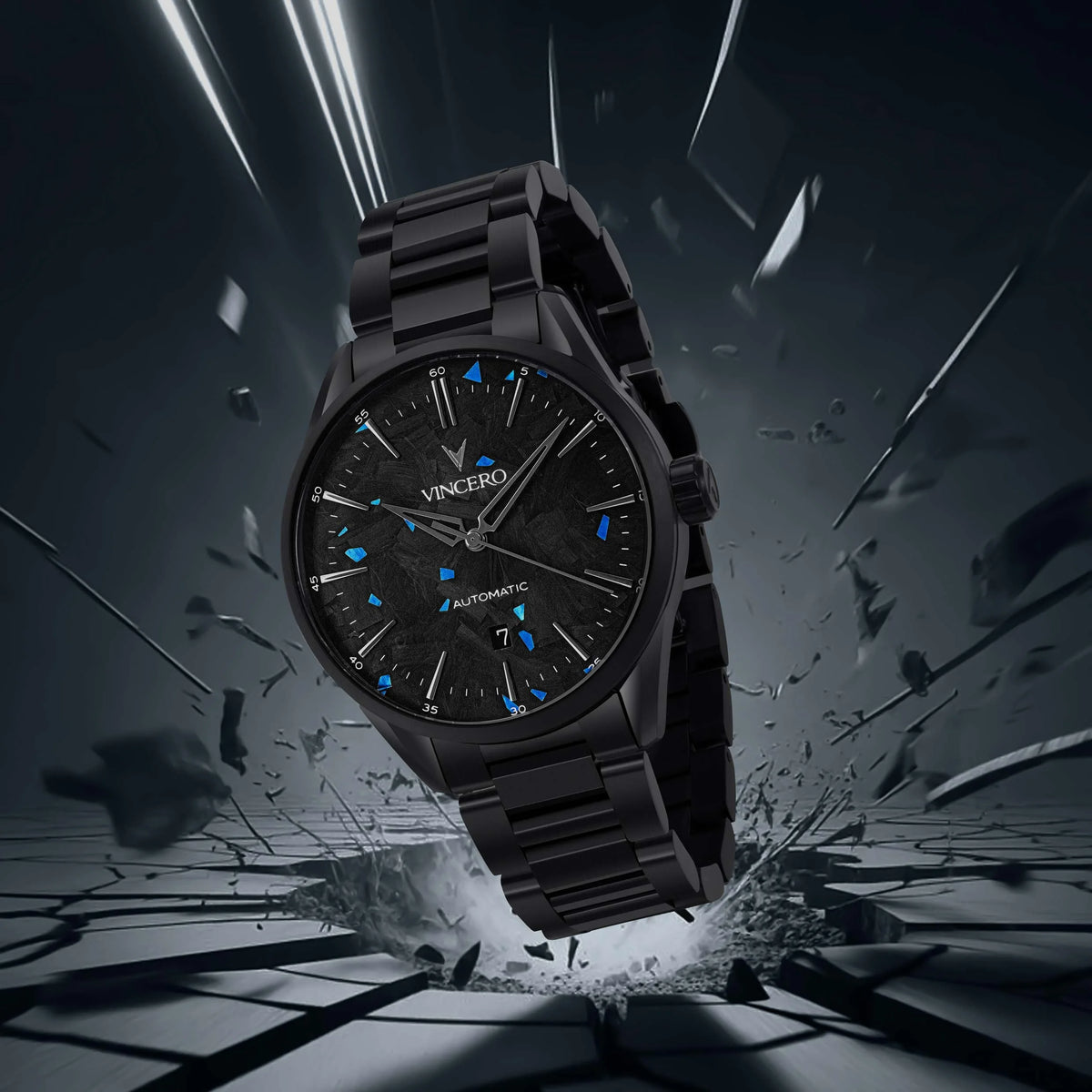 Black wristwatch with a dramatic background of shattered glass and debris