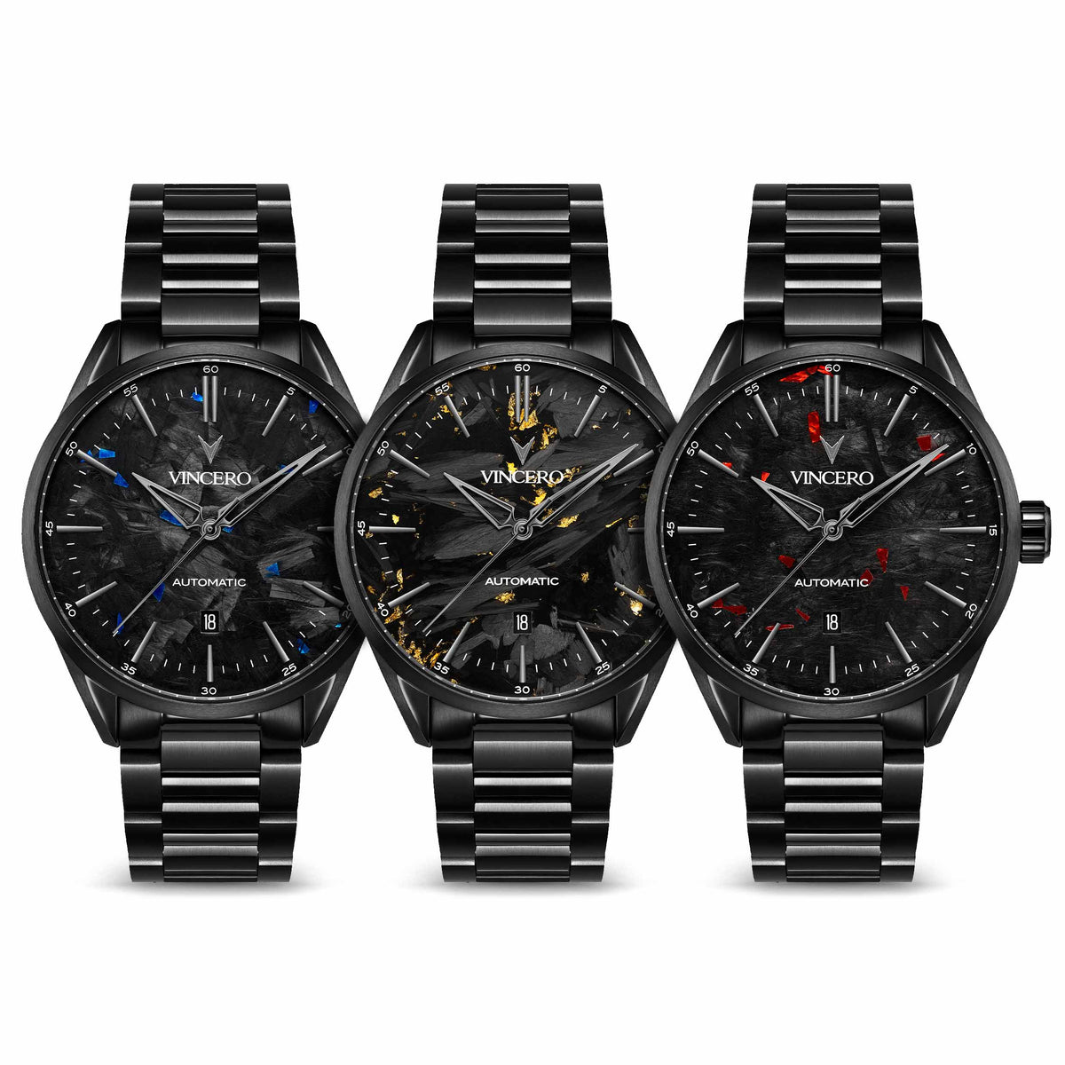 Three black wristwatches with detailed faces on a white background