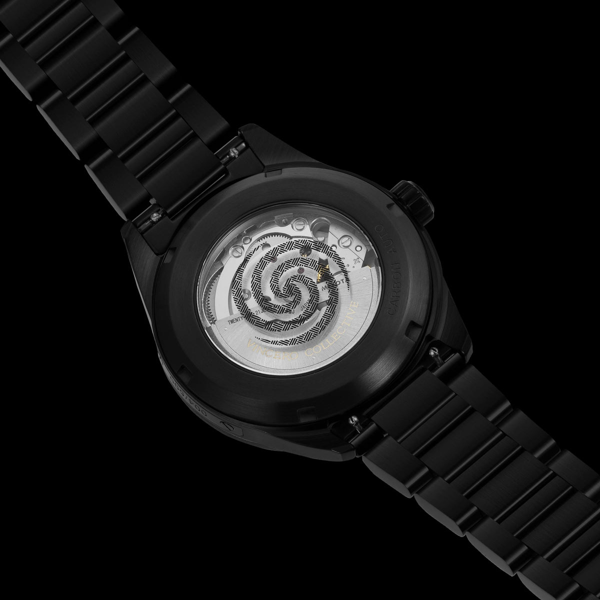 Black watch with a detailed mechanical inner mechanism on a black background