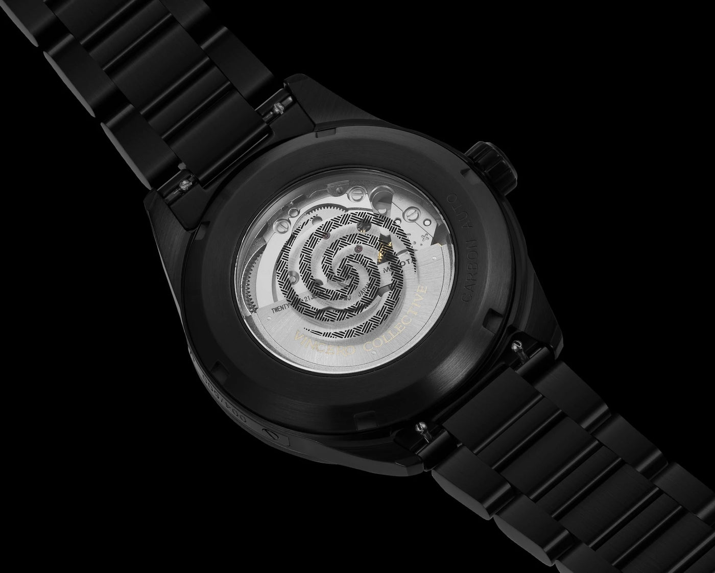 Black watch with a detailed inner mechanism on a black background
