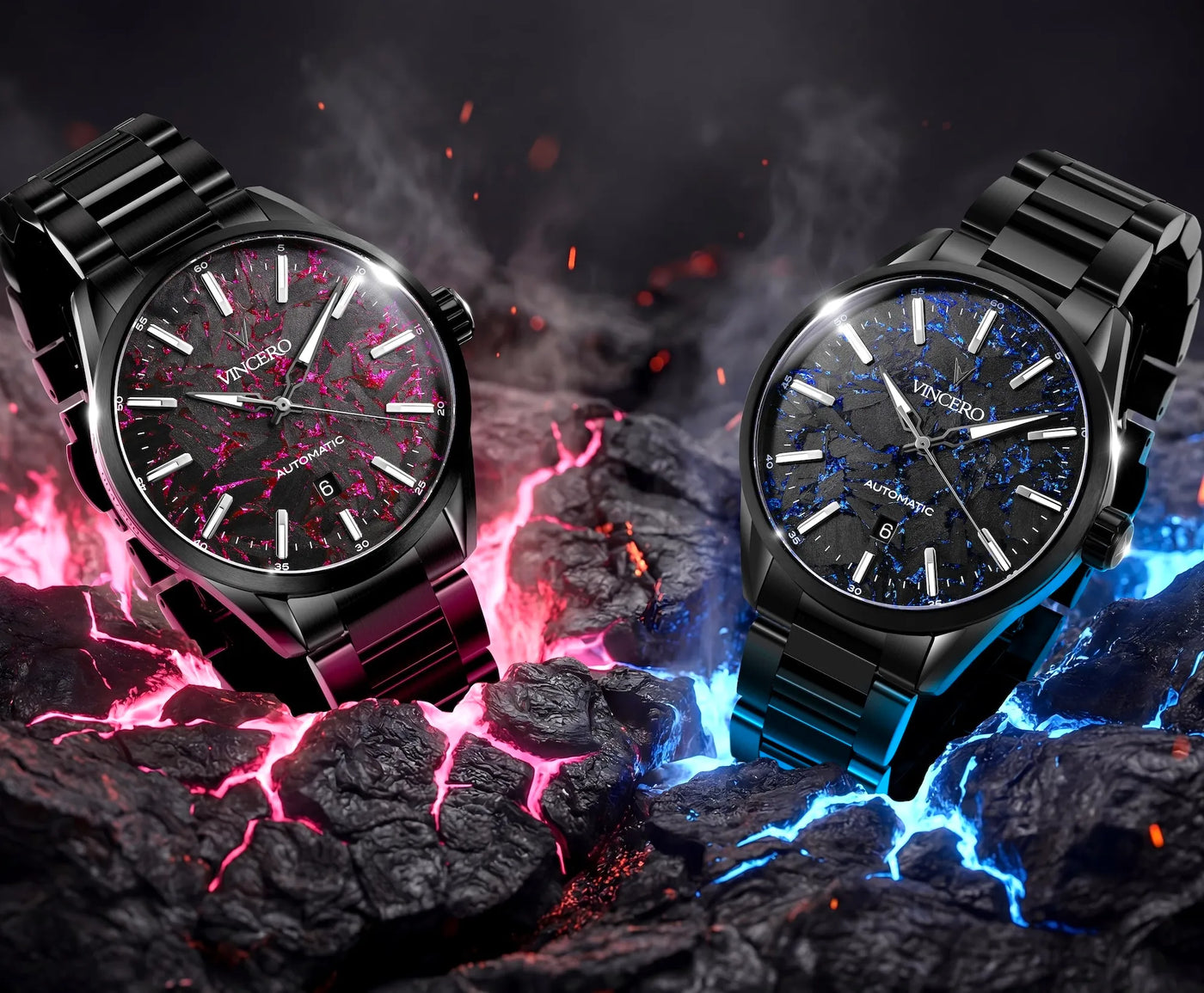 Two black wristwatches with unique face designs on a dark background with fiery effects.