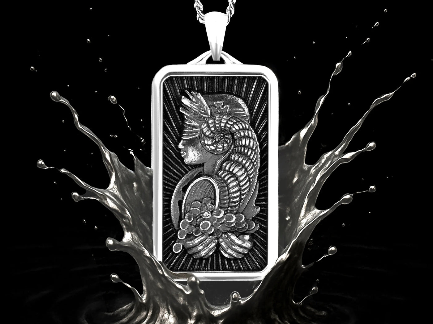 Silver pendant with a detailed design of a fish and shell, surrounded by water splashes on a black background.