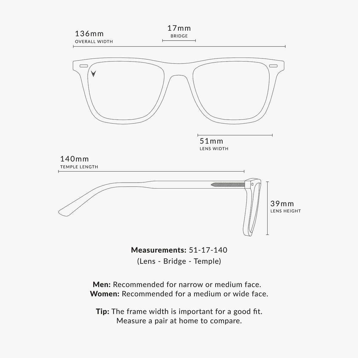 Glasses measurement chart with dimensions on a white background