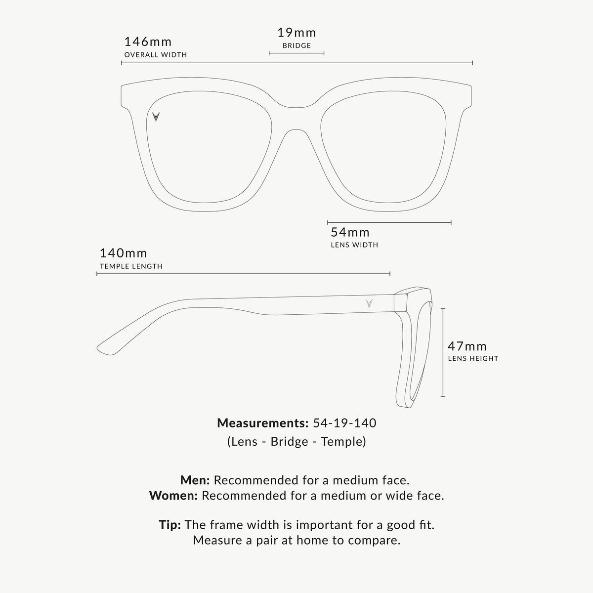 Glasses frame dimensions diagram with measurements on a white background