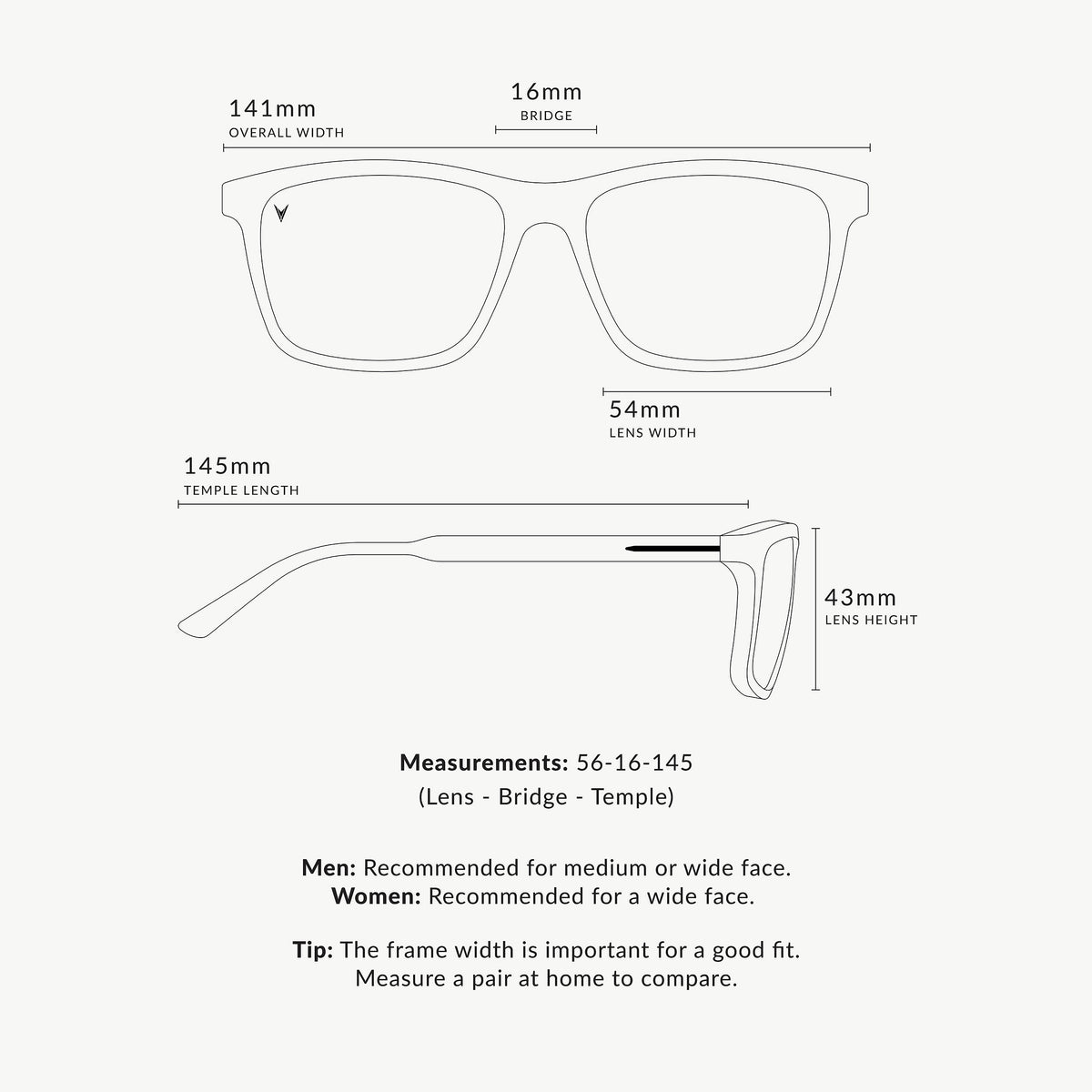 Sunglasses with dimensions labeled on a white background