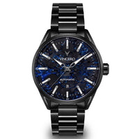 Black wristwatch with blue dial on a white background