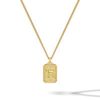 Gold necklace with a rectangular pendant on a white background
