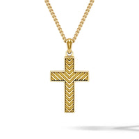 A gold cross pendant necklace with a textured chevron pattern on the front, suspended from a gold chain against a clean white background.