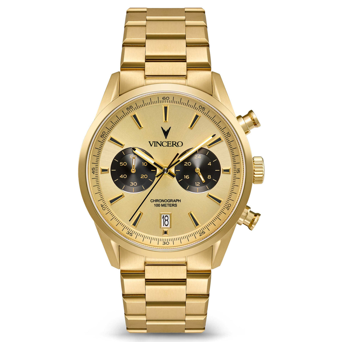 Gold wristwatch with a detailed face on a white background