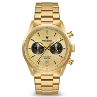 Gold wristwatch with a detailed face on a white background