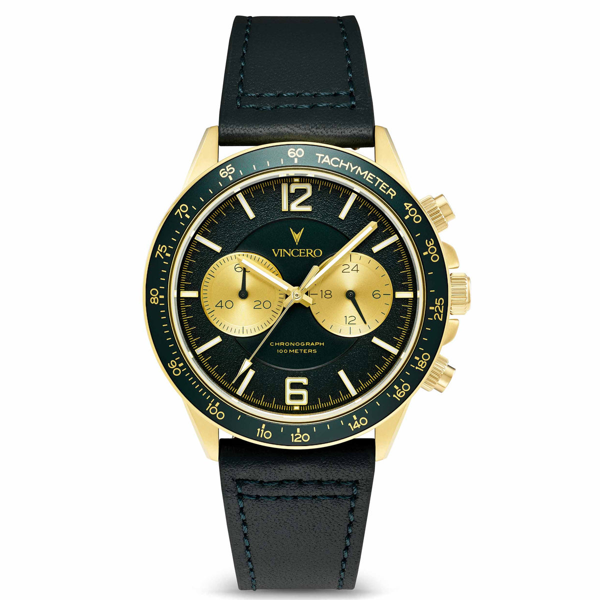 Luxury watch with black strap and gold case on a white background