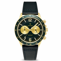 Luxury watch with black strap and gold case on a white background