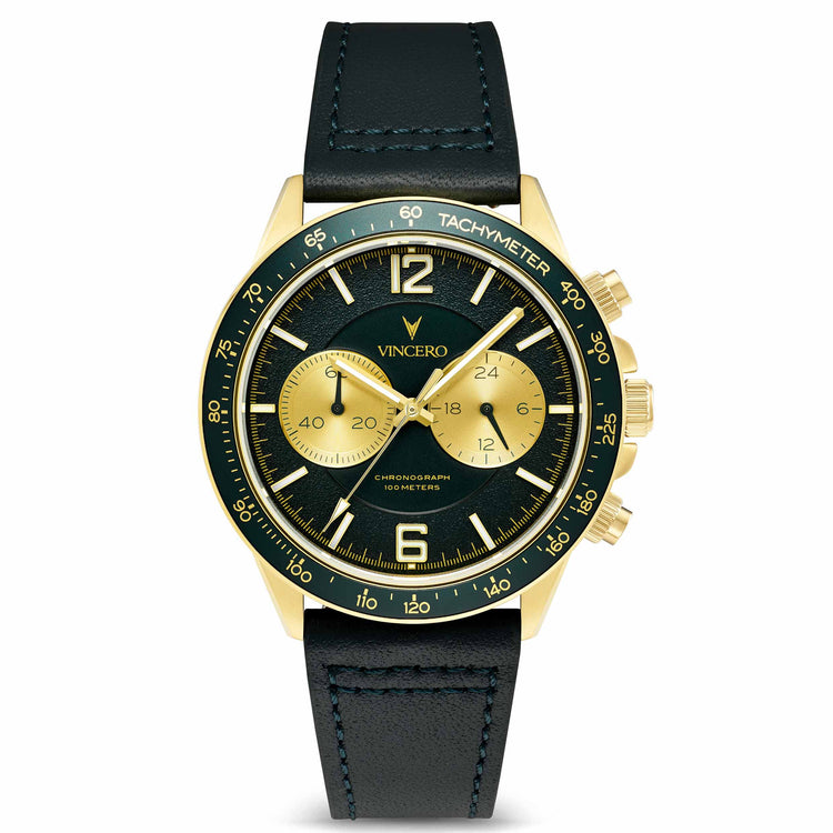Luxury watch with black strap and gold case on a white background