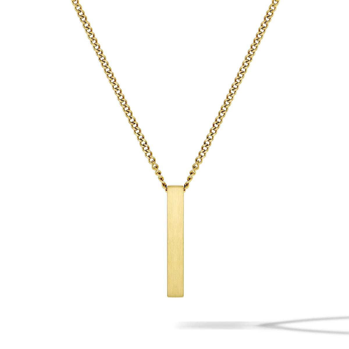 Gold necklace with a vertical bar pendant on a white background