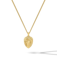 Gold necklace with a shield-shaped pendant on a white background