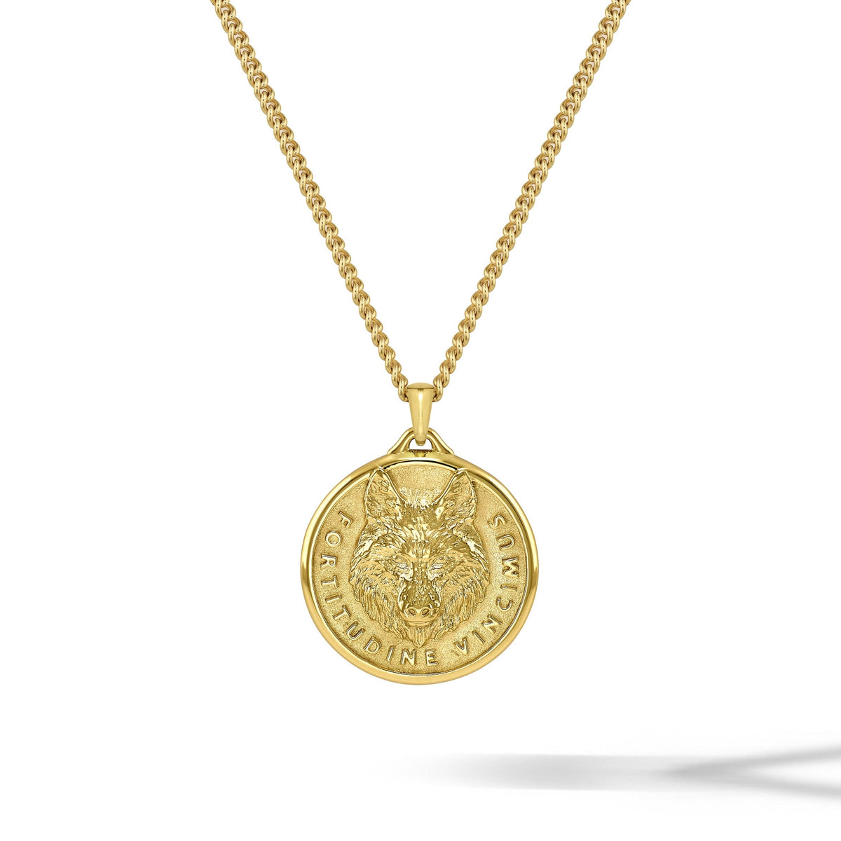 Gold necklace with a lion pendant on a white background