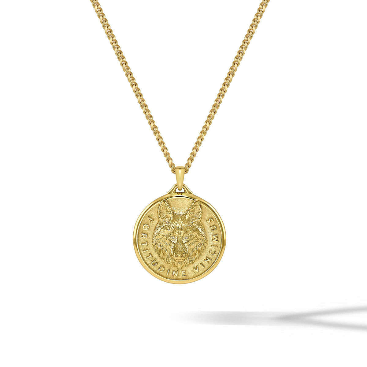 Gold necklace with a lion head pendant on a white background