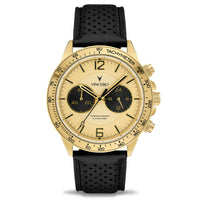 Gold wristwatch with black strap on a white background