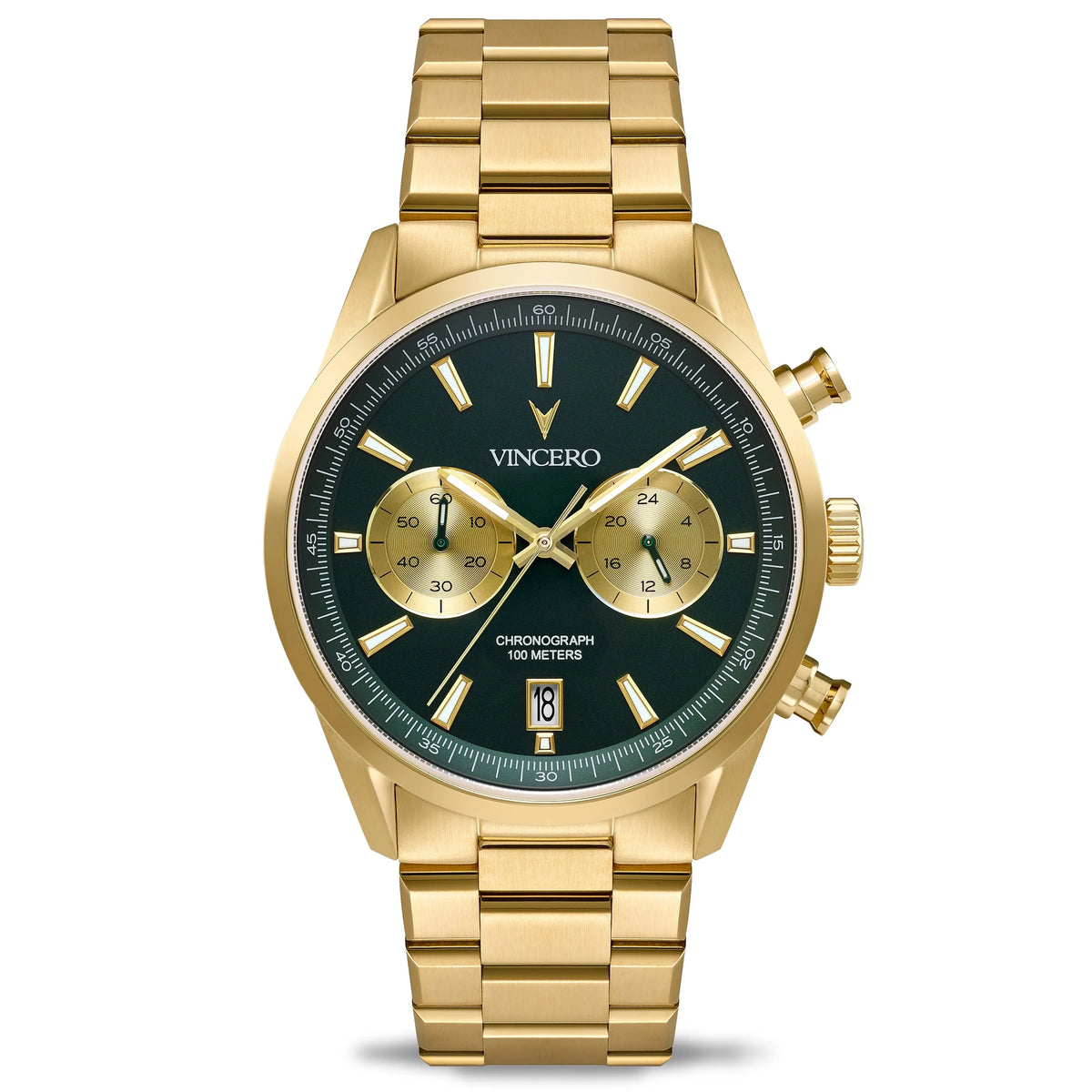 Gold wristwatch with a black dial on a white background