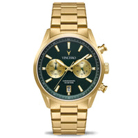 Gold wristwatch with a black dial on a white background