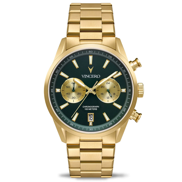 Gold wristwatch with a black dial on a white background