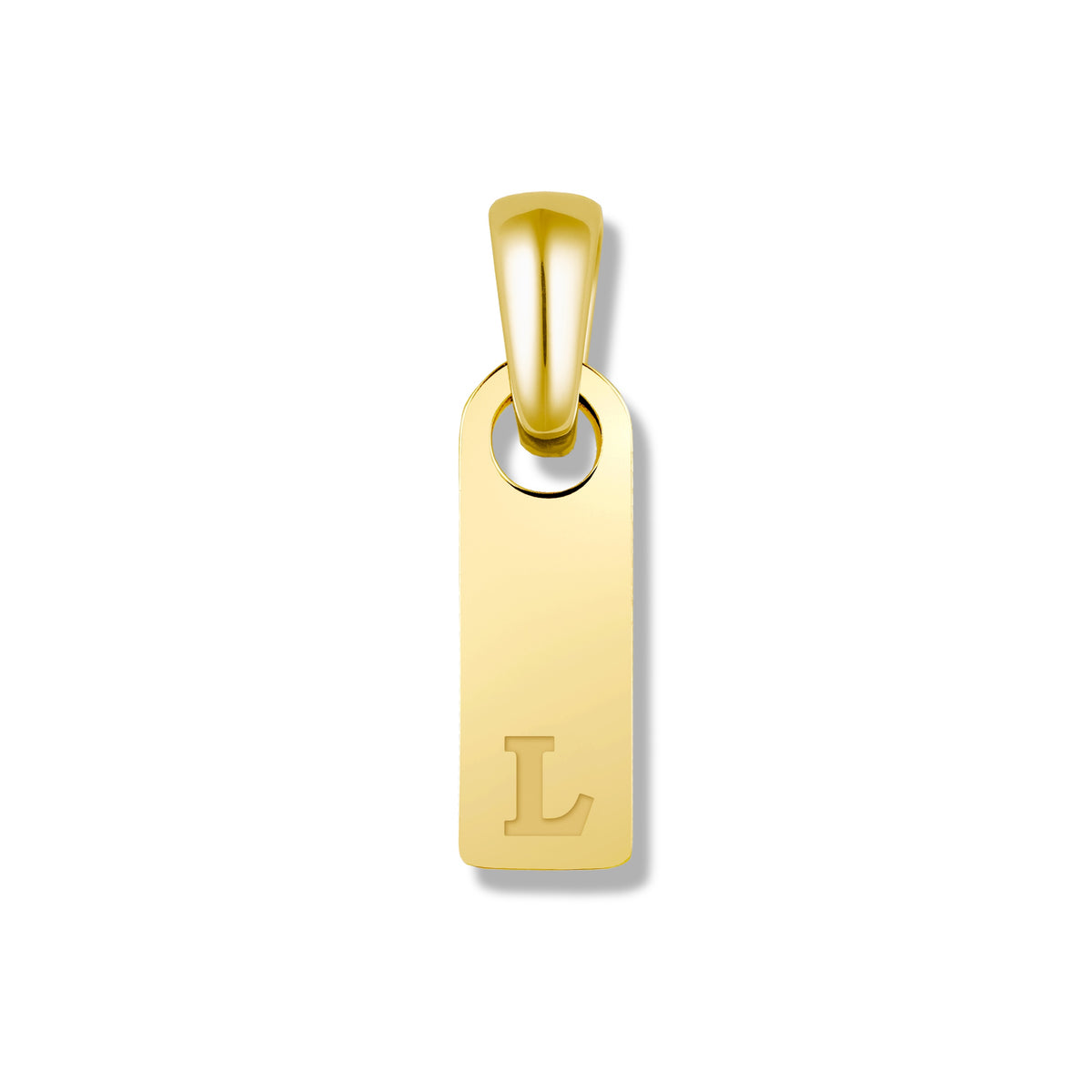 Gold pendant with 'L' on a white background