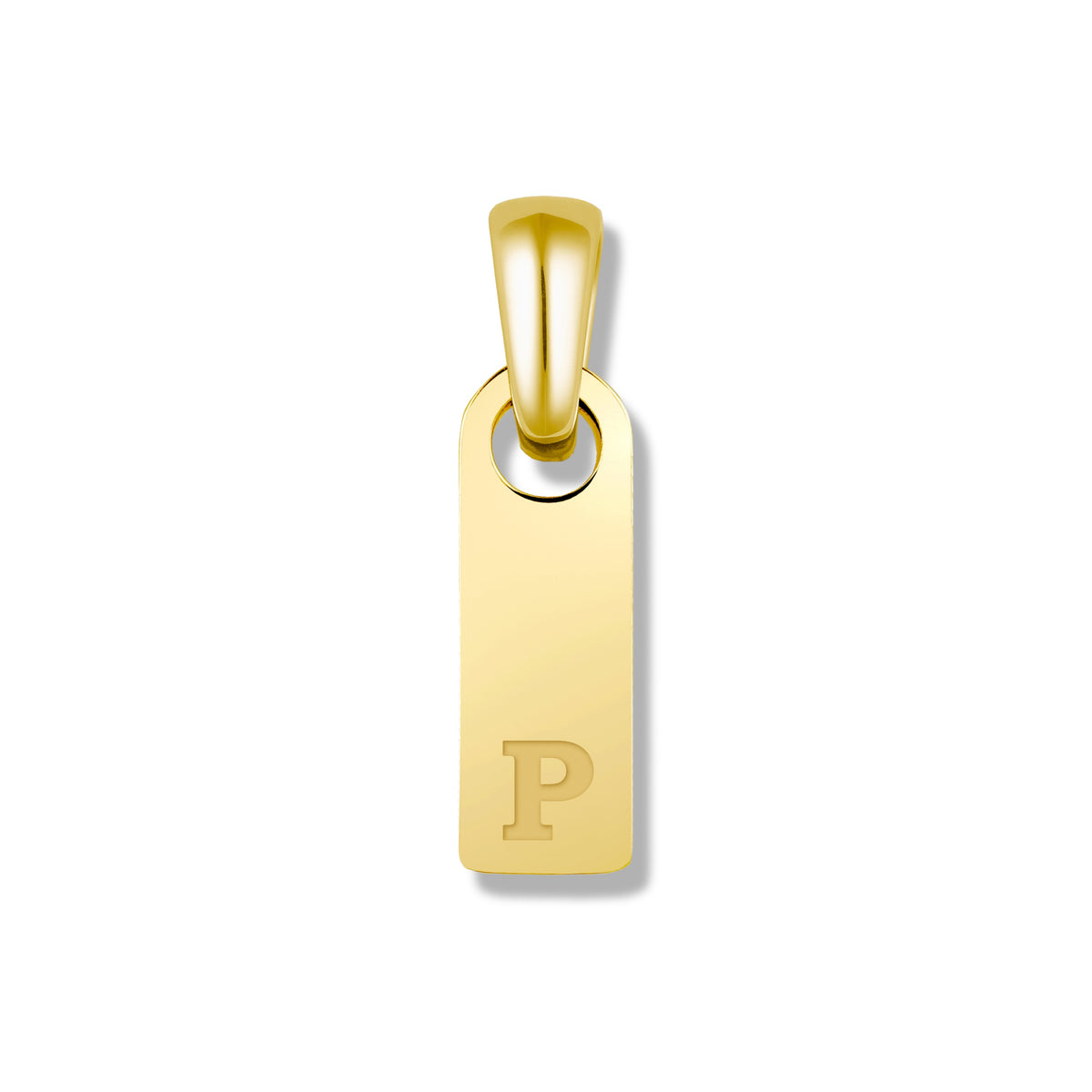 Gold pendant with letter 'P' on a white background