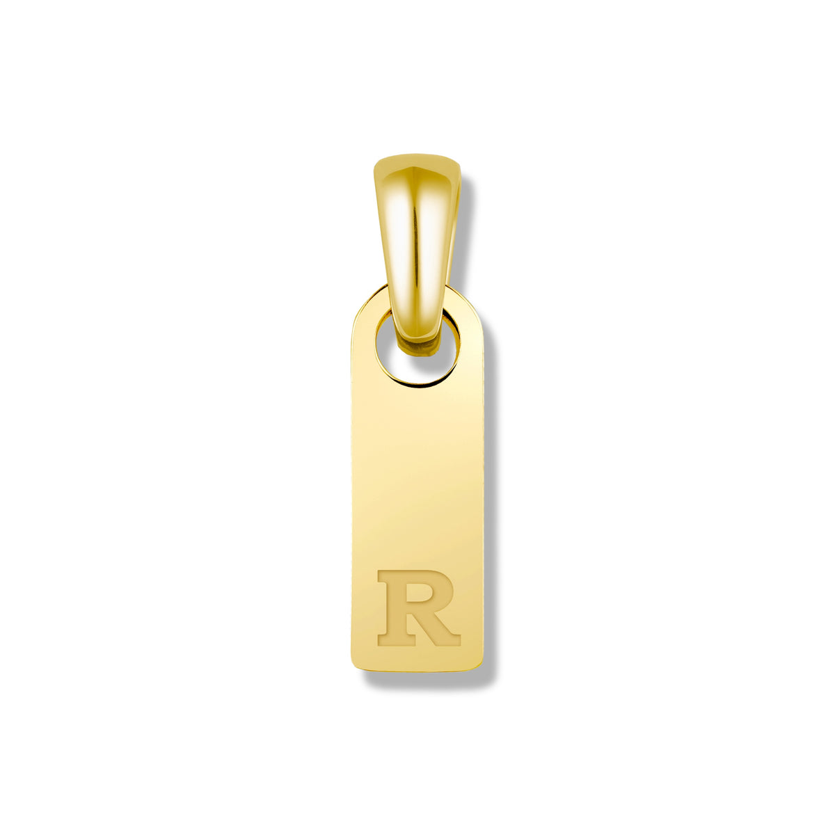 Gold pendant with letter 'R' on a white background