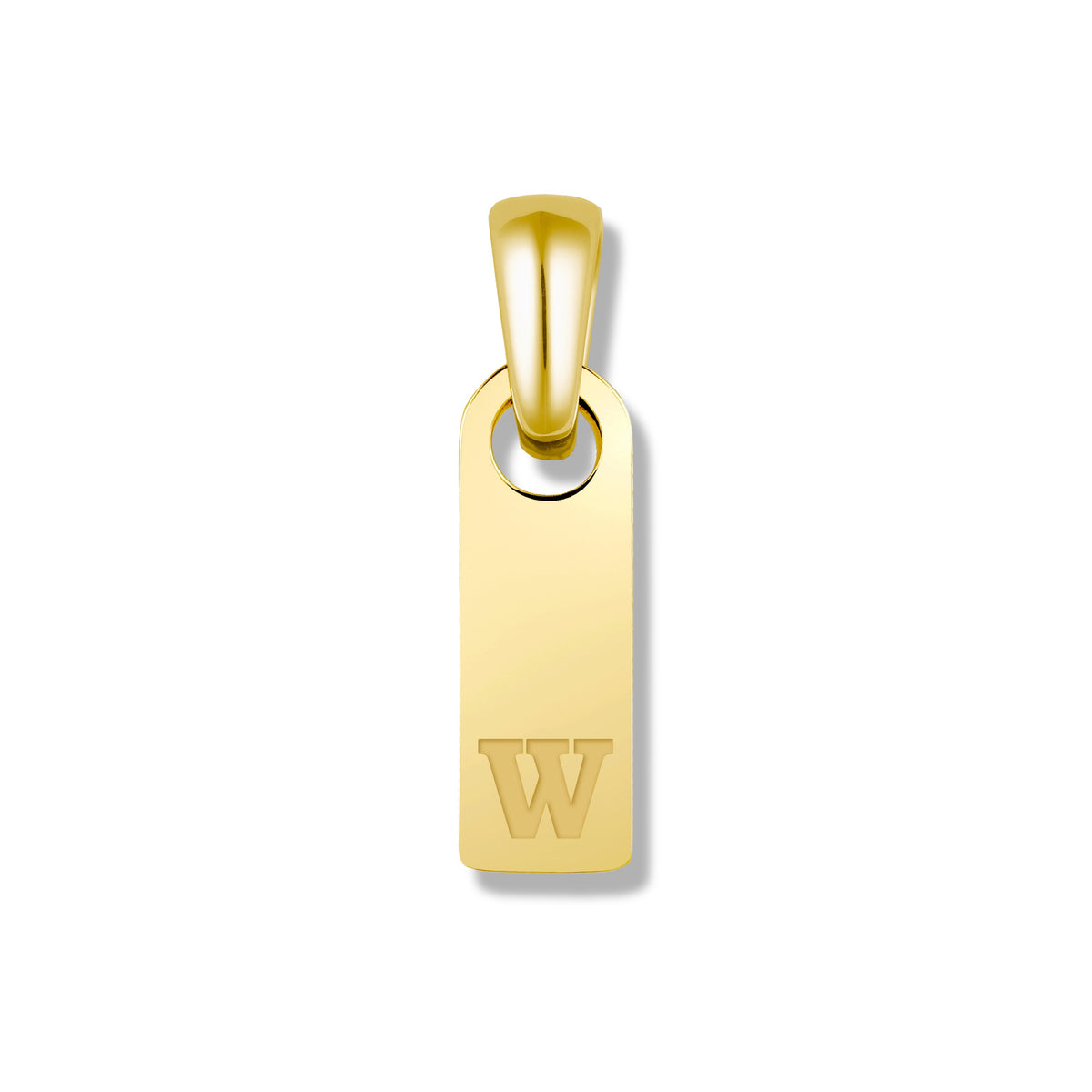 Gold pendant with a letter 'W' on a white background