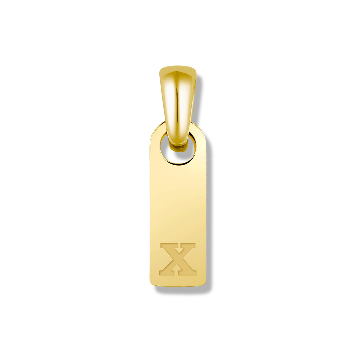 Gold pendant with letter 'X' on a white background