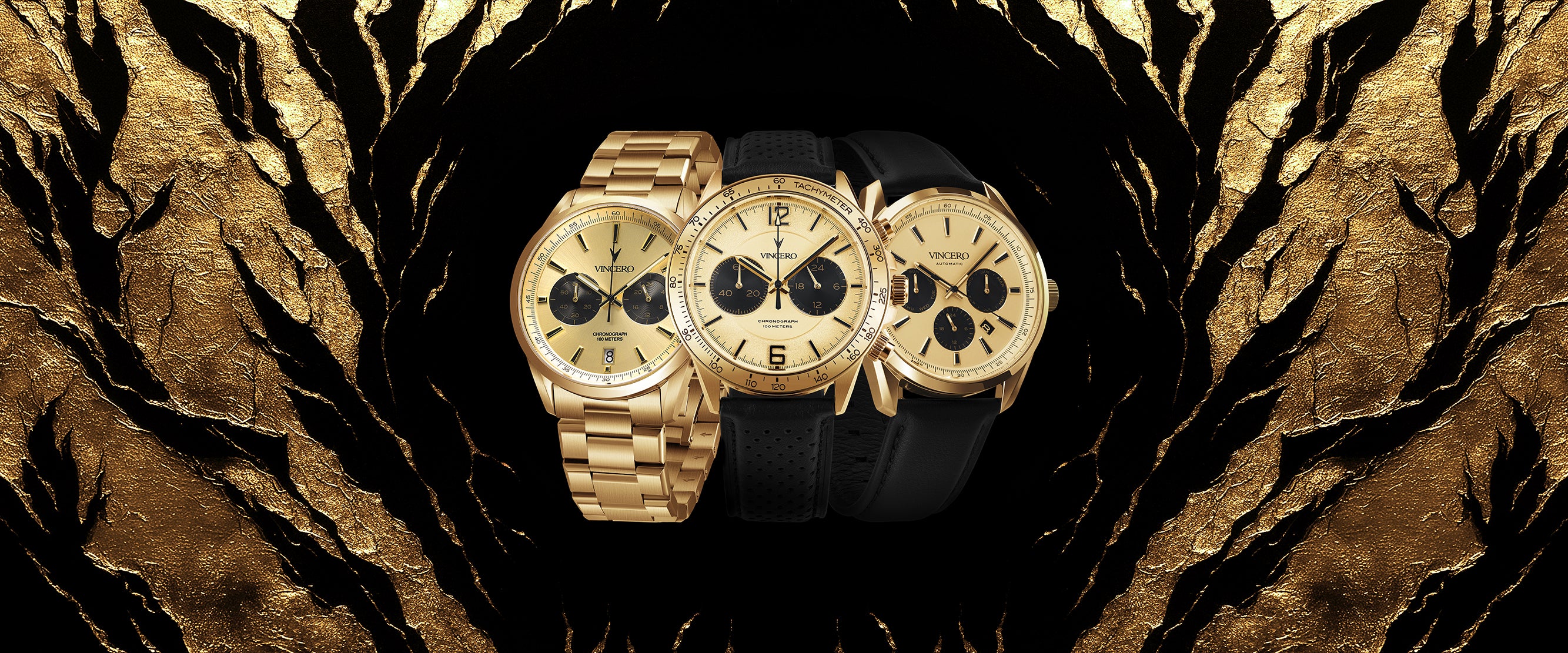 Two gold watches on a textured black and gold background