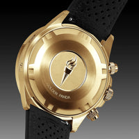 Gold watch with black strap and 'Golden Panda' logo on a gradient background
