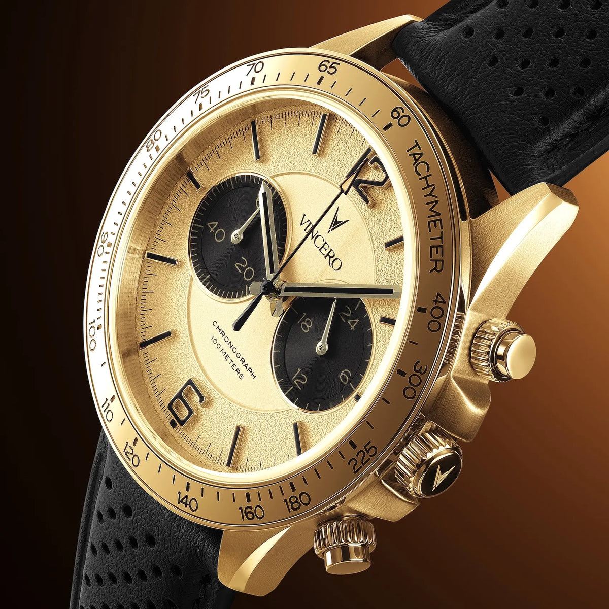 Gold wristwatch with black strap on a gradient background