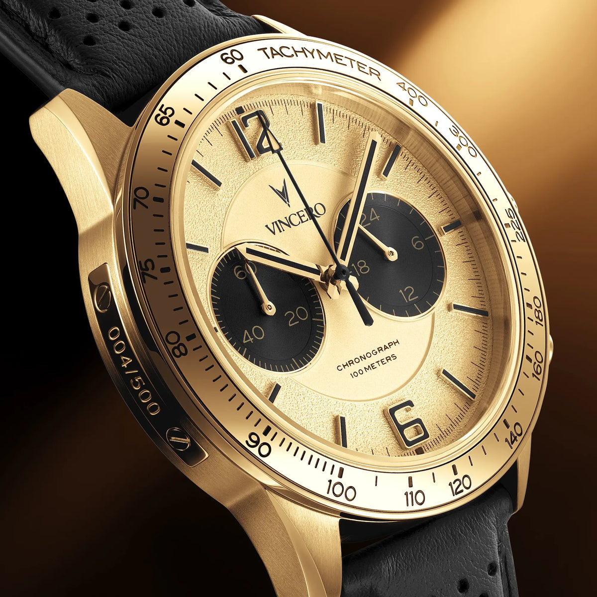 Gold wristwatch with black strap on a gradient background