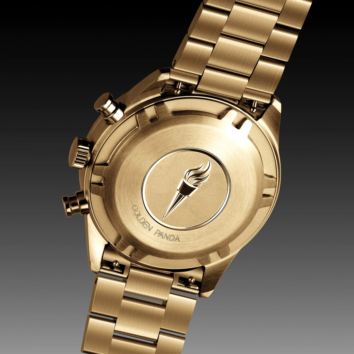 Gold watch with a brand logo on a dark background
