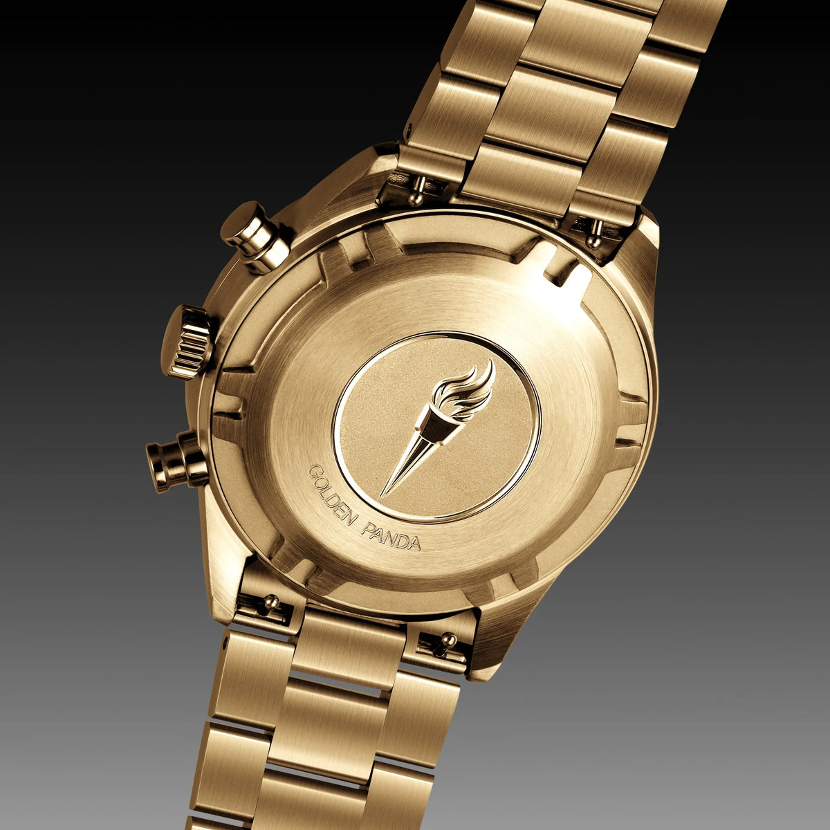 Gold watch with brand logo on a dark background