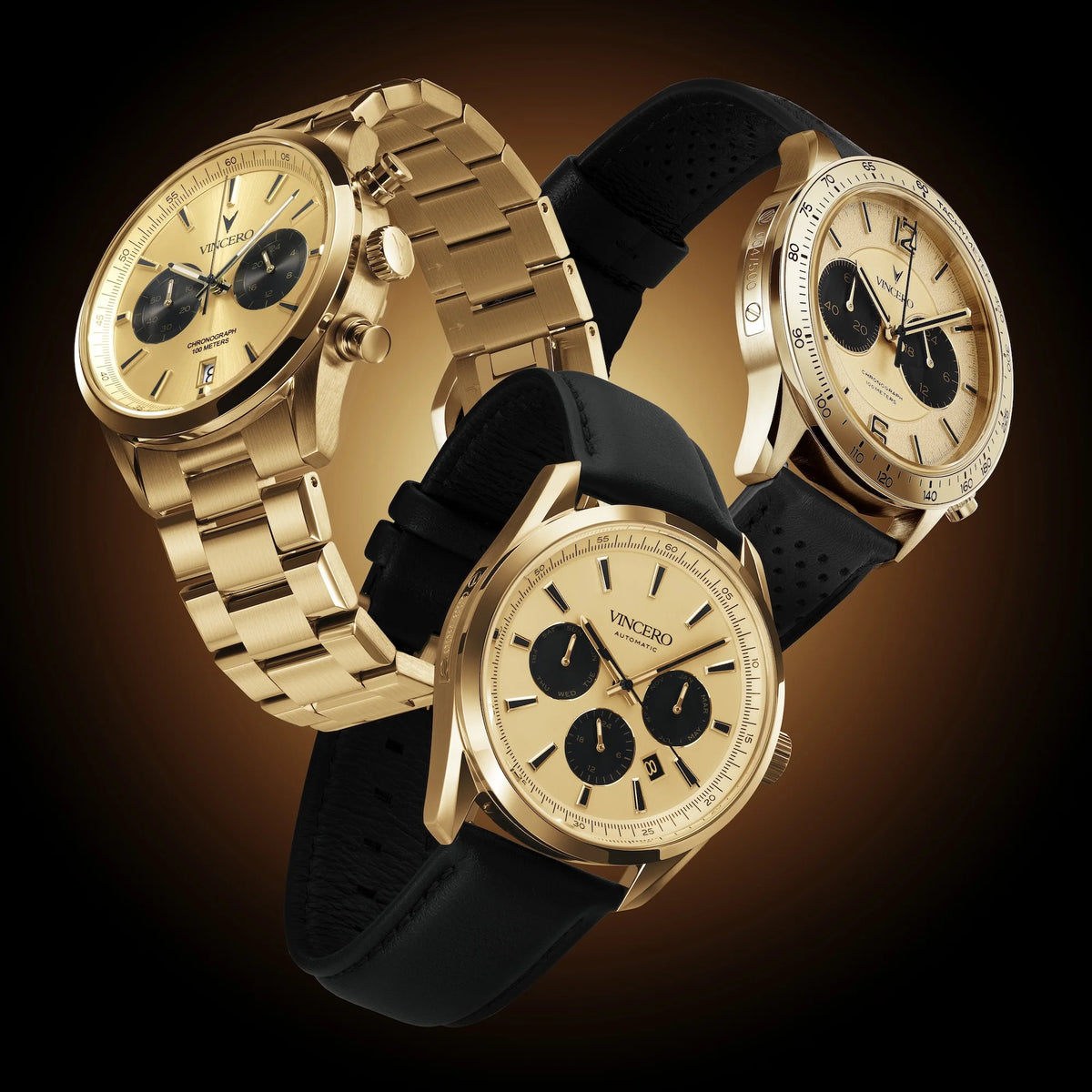 Three gold watches with black straps on a dark background