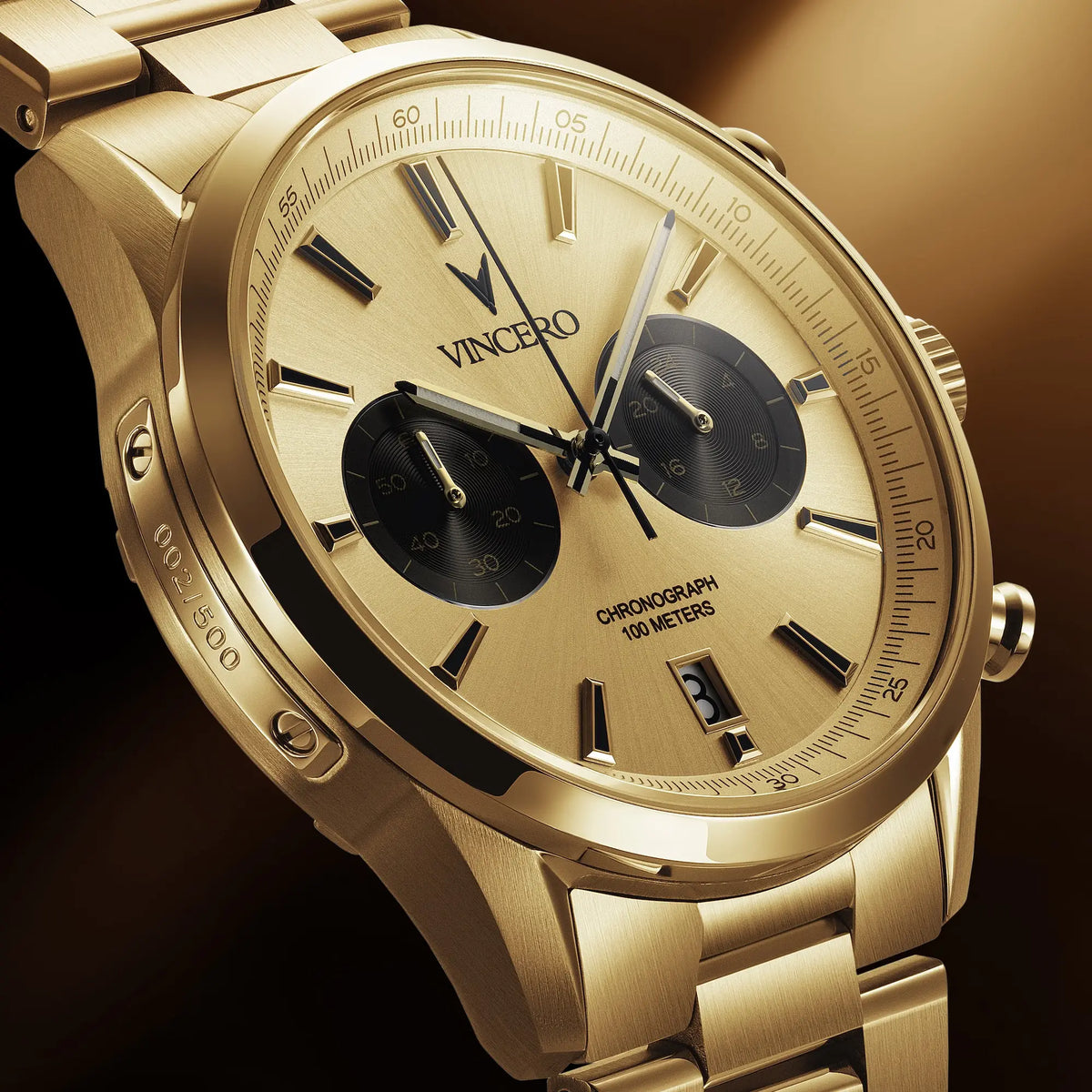 Gold wristwatch with 'Vincero' brand on a dark background