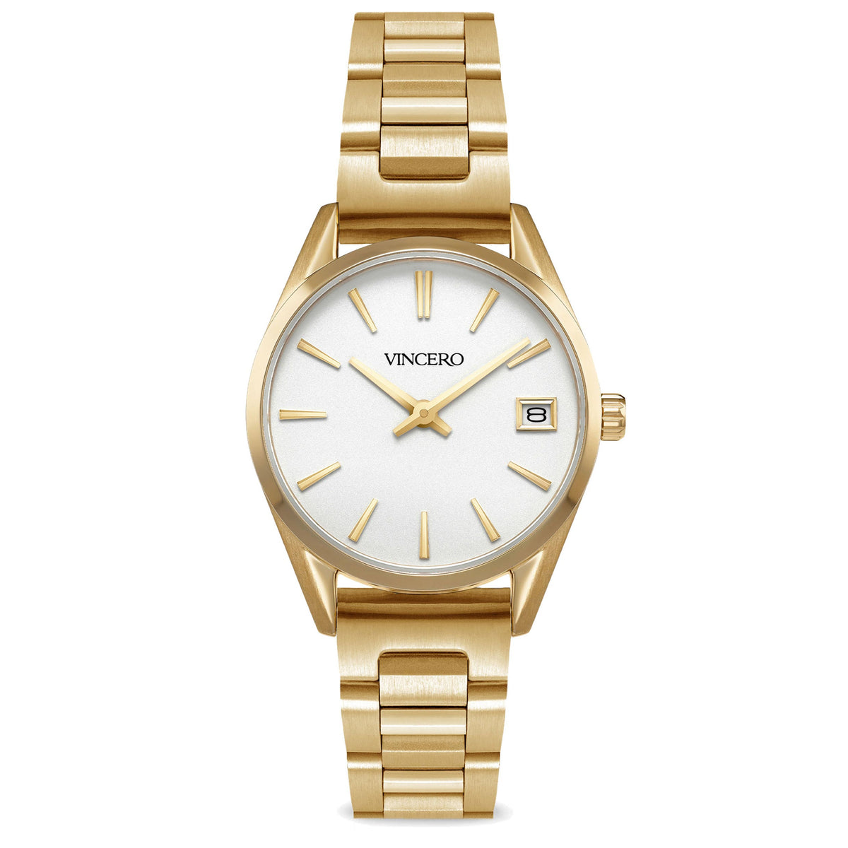 A gold stainless steel Vincero watch with a white dial and a date display, positioned on a plain background.