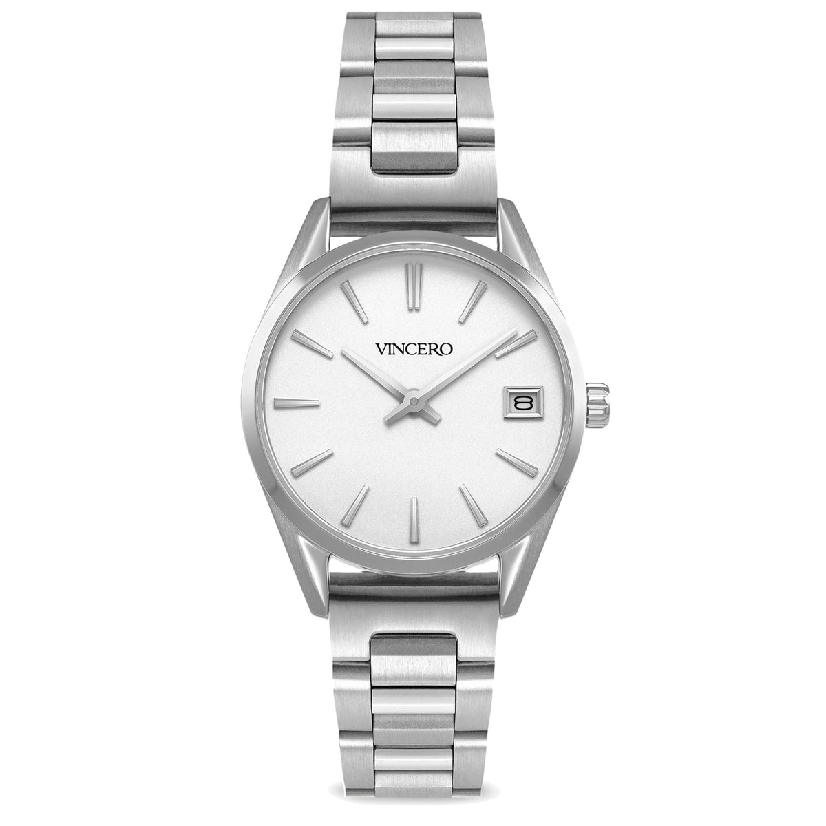 A silver Vincero watch with a white dial, stainless steel band, and a date display.