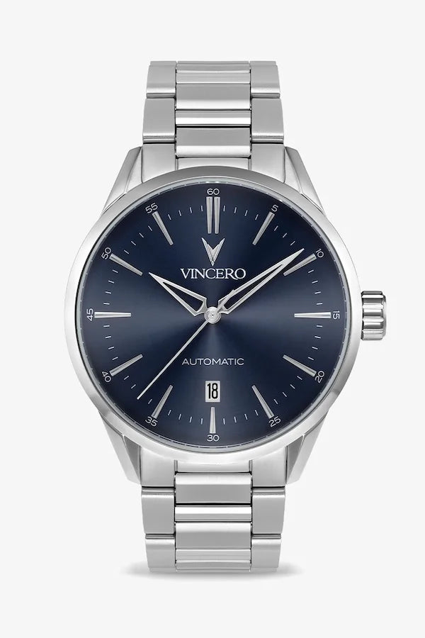Silver Automatic Watch with a Blue Face