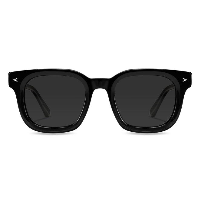 A pair of jet black, square-shaped sunglasses with polarized lenses and Italian acetate frame.