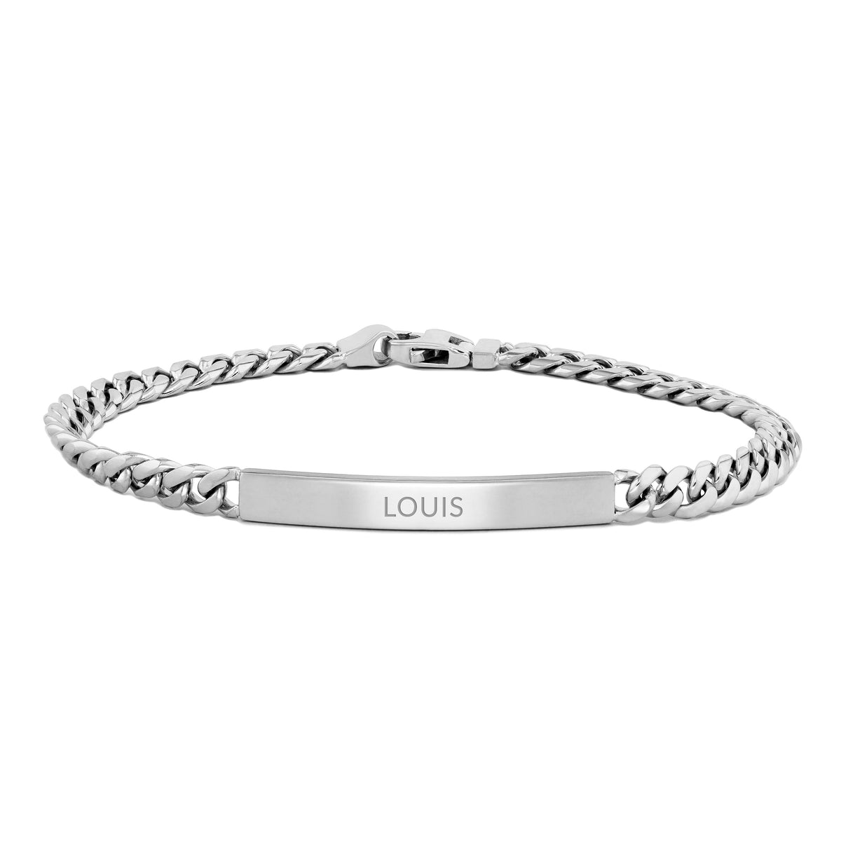 A silver-toned stainless steel ID bracelet with a curb chain and a flat central bar engraved with the name 'LOUIS', shown on a plain white background.