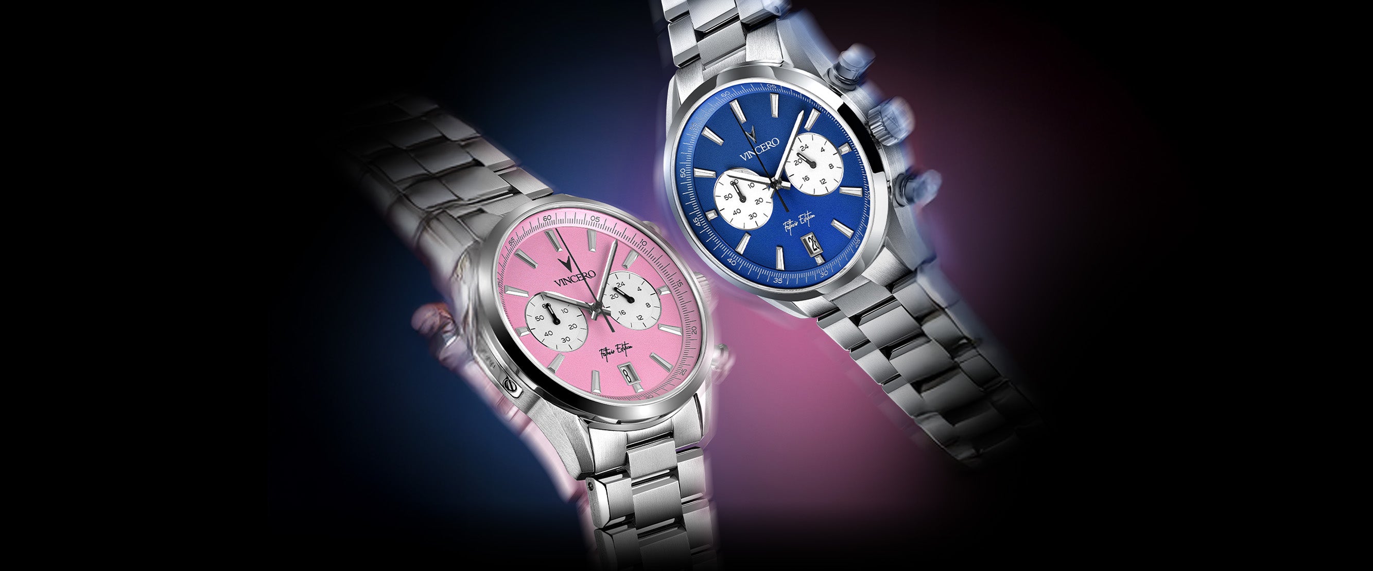 Father’s Edition watches: the left watch features a pink face, stainless steel casing, and steel band; the right watch features a blue face, stainless steel casing, and steel band.