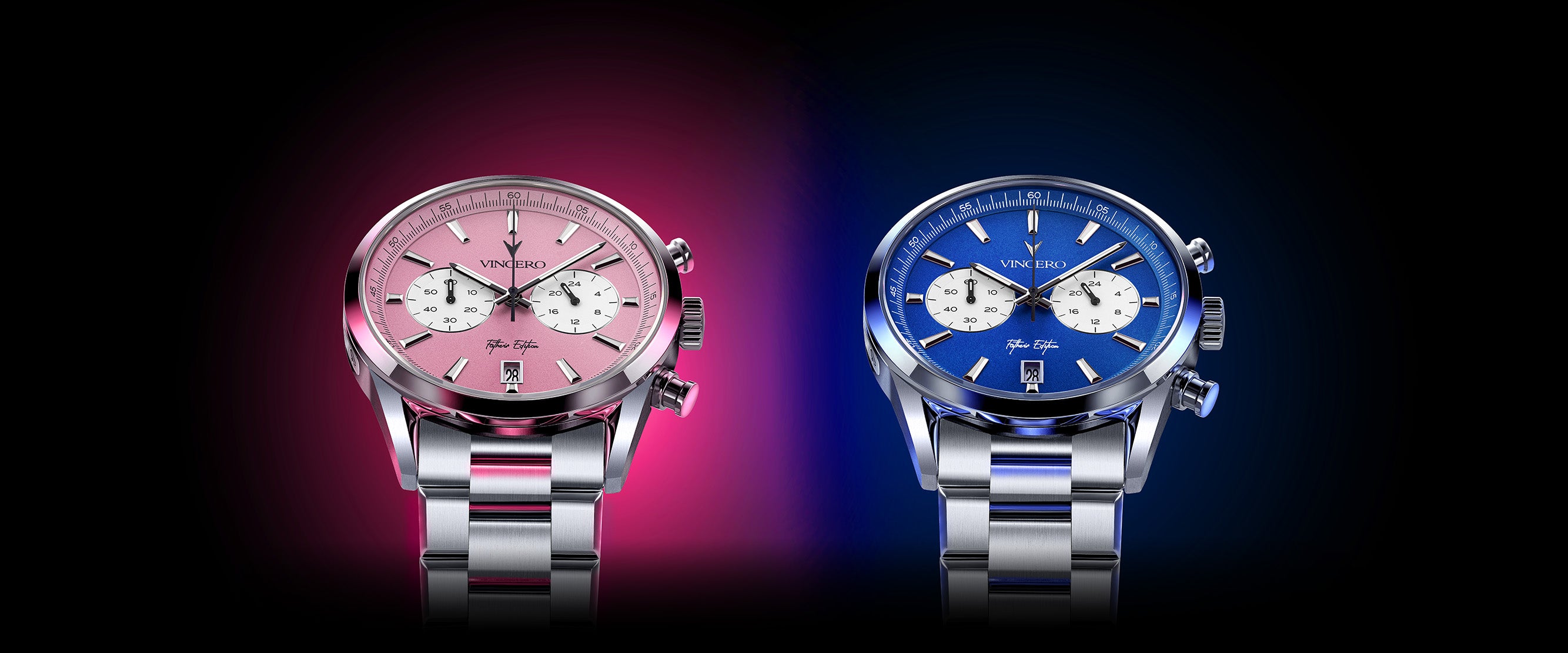 Father’s Edition watches: the left watch features a pink face, stainless steel casing, and steel band; the right watch features a blue face, stainless steel casing, and steel band.