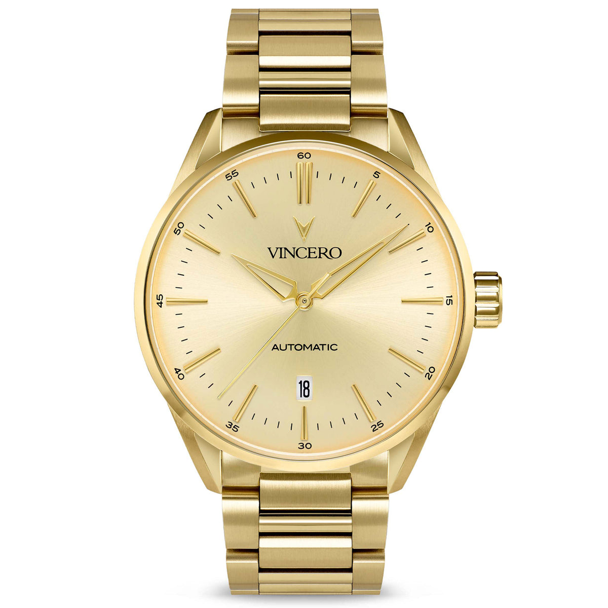 A gold-colored Vincero automatic watch with a stainless steel band and a dial featuring hour markers and a date display.