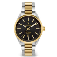 A two-tone stainless steel and gold automatic watch by Vincero, featuring a black dial, gold-tone bezel and hands, and a matching two-tone link bracelet on a white background.