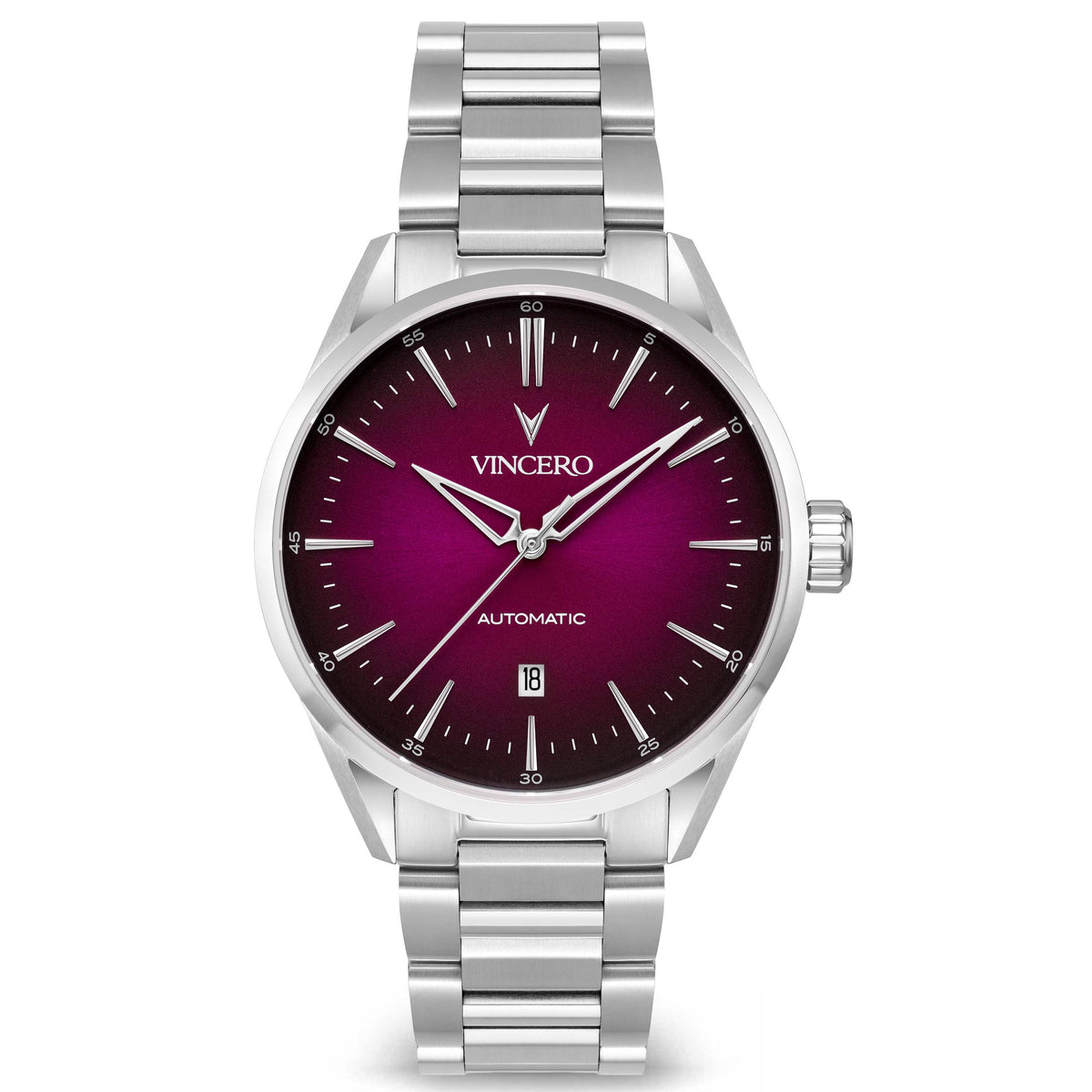 Silver watch with a purple face on a white background